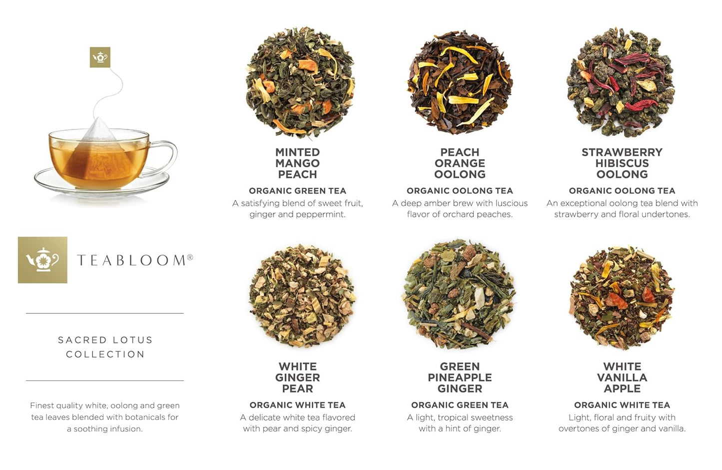 Teabloom Organic Sacred Lotus Pyramid Tea Presentation Box, 12 Assorted USDA Certified Organic Whole-Leaf Pyramid Tea Sachets, Green Tea, Oolong tea, White tea