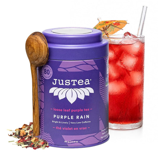 JusTea PURPLE RAIN Loose Purple Tea, 40+ Cups Tin with Spoon, 1/5 Caffeine