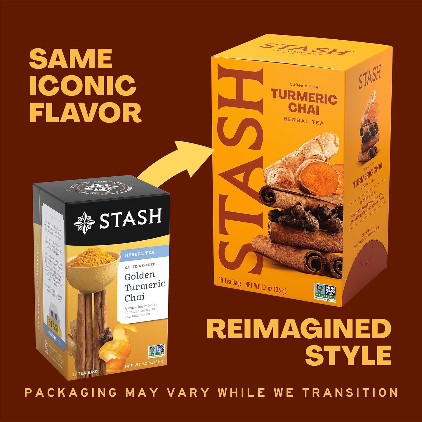 Stash Tea Turmeric Chai Herbal Tea - Naturally Caffeine Free, Non-GMO Project Verified Premium Tea with No Artificial Ingredients, 18 Count (Pack of 6) - 108 Bags Total