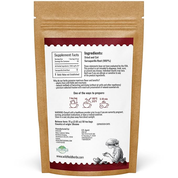 50 Bags Sarsaparilla Root Tea Herbal Tea (Smilax glabra) - 50 Count 1.5g Bag Sasperella Root Herb Tea raíz de zarzaparella
