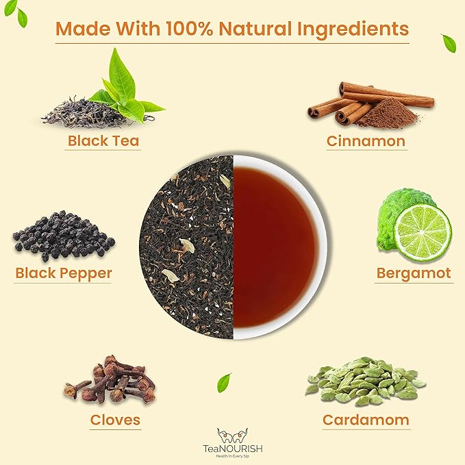 TeaNOURISH Earl Grey Masala Black Tea | Spiced Citrus | Assam Loose Leaves | Blended with Indian Aromatic Spices & Natural Bergamot Extract | 100% NATURAL - 3.53oz/100g (Pack of 2)