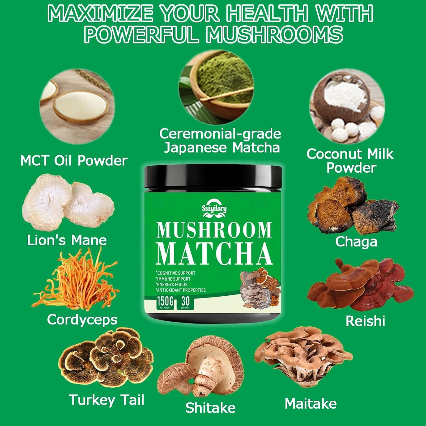 Suiyilary Mushroom Matcha, Ceremonial Matcha Tea Powder with 7 Superfood Mushrooms, Gluten Free, Taste Great Hot or Cold Matcha Latter - 150g 30 Serving