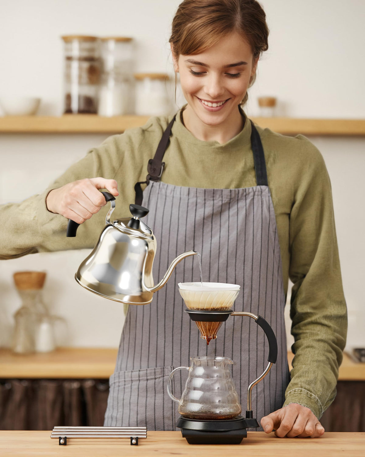Chefbar Tea Kettle for Stovetop, Gooseneck Pour Over, Flow Control, 28oz, Silver