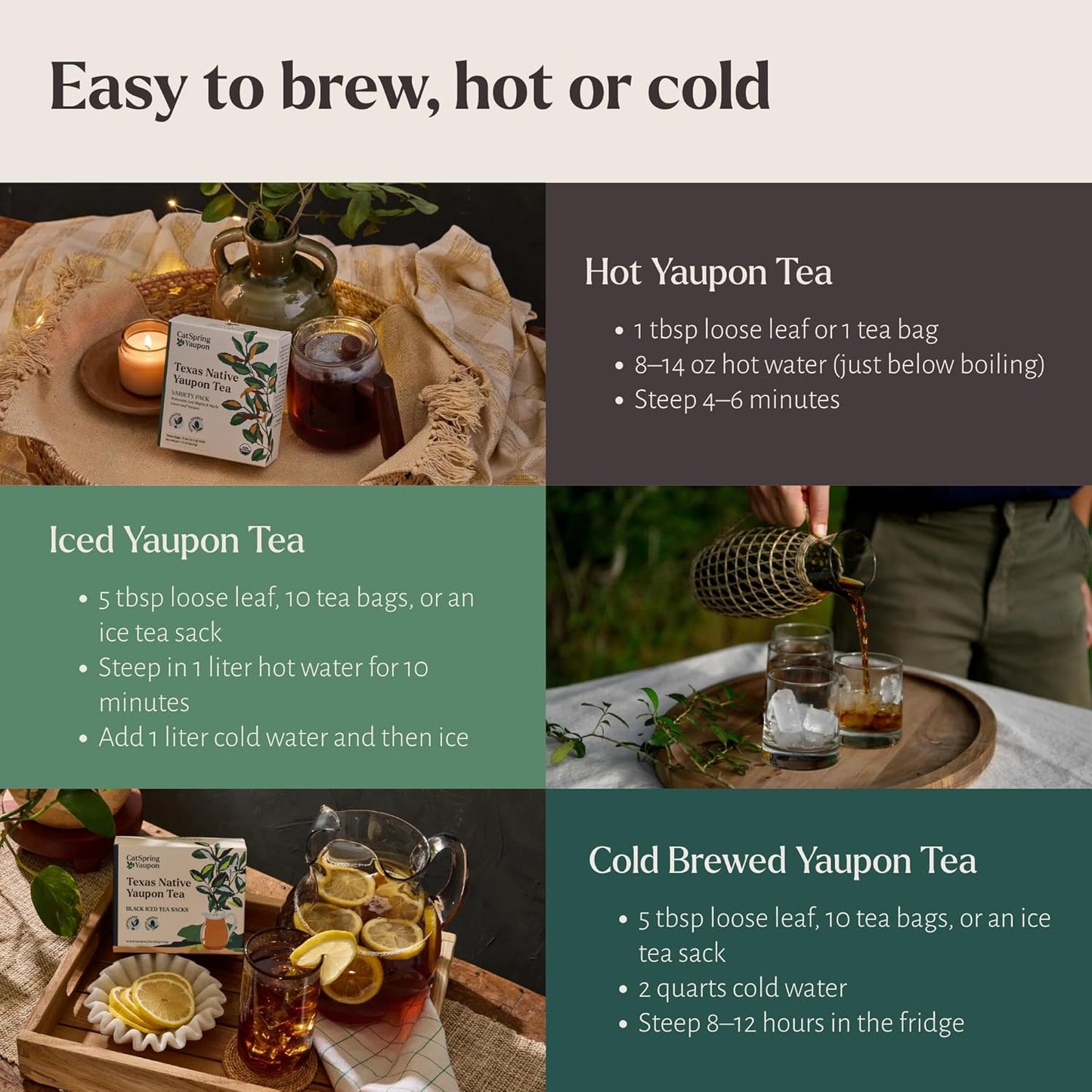 CatSpring Yaupon Tea Variety Pack, 1.5 oz Loose Leaf of Each, Green, Dark, and Medium Roast, Naturally Caffeinated, Sustainable and Wild-Harvested, Non-Bitter, Antioxidant Rich, Made in USA