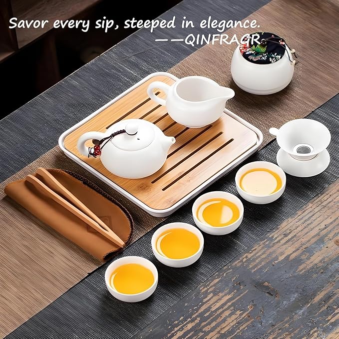 Portable Chinese Gongfu Tea Set - Handcrafted Ceramic Tea Set for Chinese/Japanese Tea Ceremony, Complete with Teapot & 4 Cups, Travel-Friendly Gift Set (White)