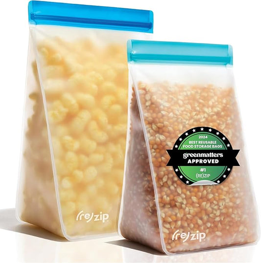 (re) zip Reusable Kitchen and Pantry Food Storage Bags – 2-Piece BPA-Free Leakproof Organization for Snacks, Chips, Cereal, Dry Goods – Airtight, Freezer and Dishwasher Safe, Aqua & Cobalt