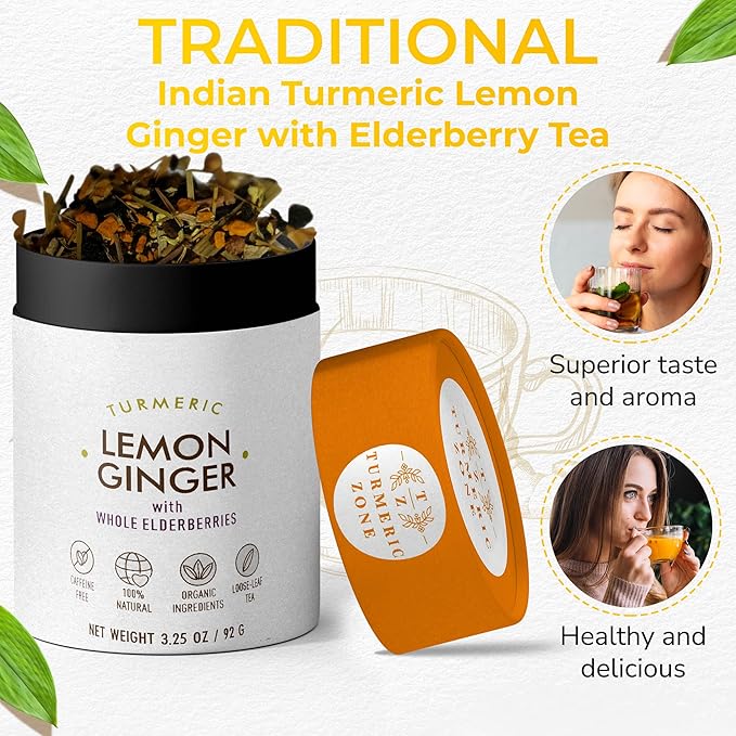 Turmeric Zone Organic Turmeric Lemon Ginger Decaf Tea with Elderberries and Roasted chicory root, Orange peel, Lemongrass, Lemon oil, Hibiscus flowers, Coriander seed, Cinnamon chips - 3.25 oz