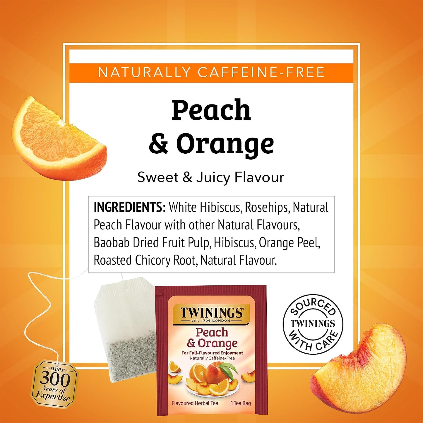 Twinings Peach &amp; Orange Herbal Caffeine-Free Tea Bags, 20 CT Box (1 Pack) | Sweet &amp; Zesty, White Hibiscus, Rosehips, Naturally Caffeine-Free, 20 Foil Lined Individually Wrapped Bags, Enjoy Hot or Iced