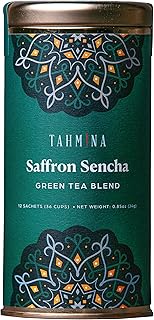 Tahmina Saffron Sencha Tea: Chinese Green Tea Blend with Afghan Saffron, Moderately Caffeinated Tea, 12 Biodegradable Pyramid Tea Bags, Makes 36 Cups (1 Pack)