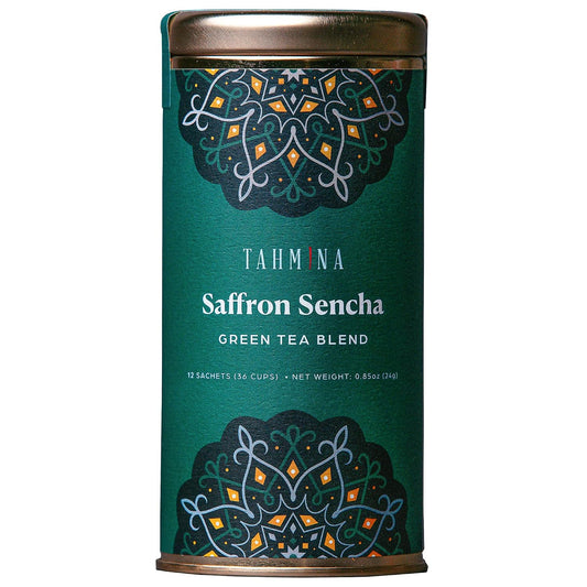 Tahmina Saffron Sencha Tea: Chinese Green Tea Blend with Afghan Saffron, Moderately Caffeinated Tea, 12 Biodegradable Pyramid Tea Bags, Makes 36 Cups (1 Pack)