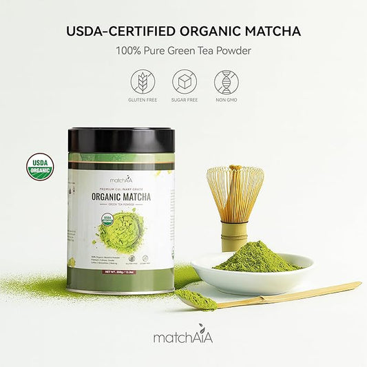MatchAiA Organic Matcha Green Tea Powder - Premium Culinary Grade, USDA Certified, 100% Pure - Perfect for Lattes, Smoothies, Desserts and Baking - Sugar Free, Gluten Free (350g / 12.3oz Tin)