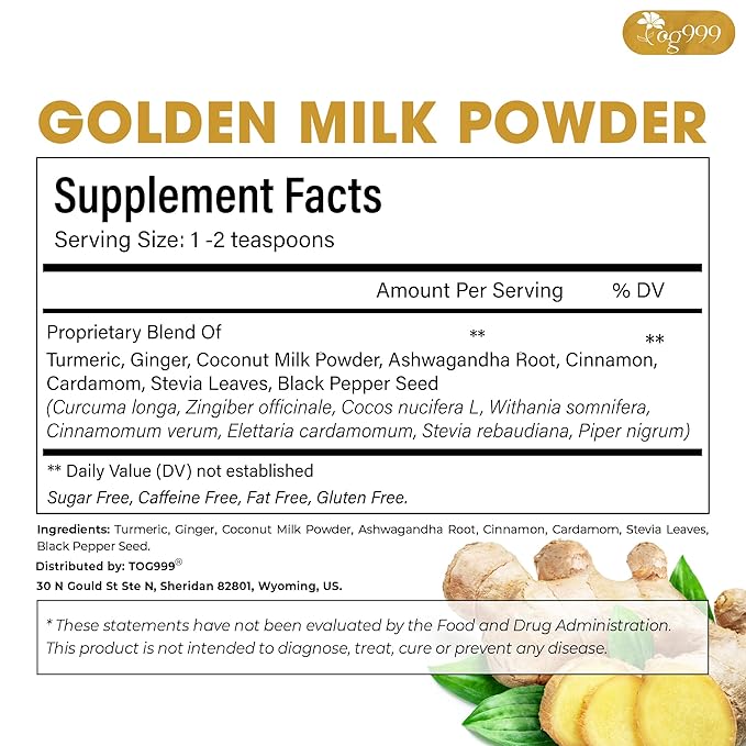 TOG999, Premium 8oz Golden Milk Powder - Turmeric, Cinnamon, Ginger & Black Pepper – Natural Spice Blend for Lattes, Smoothies & Baking – Non-GMO