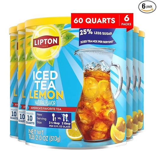Lipton Reduced Sugar Iced Tea Mix, Lemon Flavor, Makes 10 Quarts (Pack of 6)