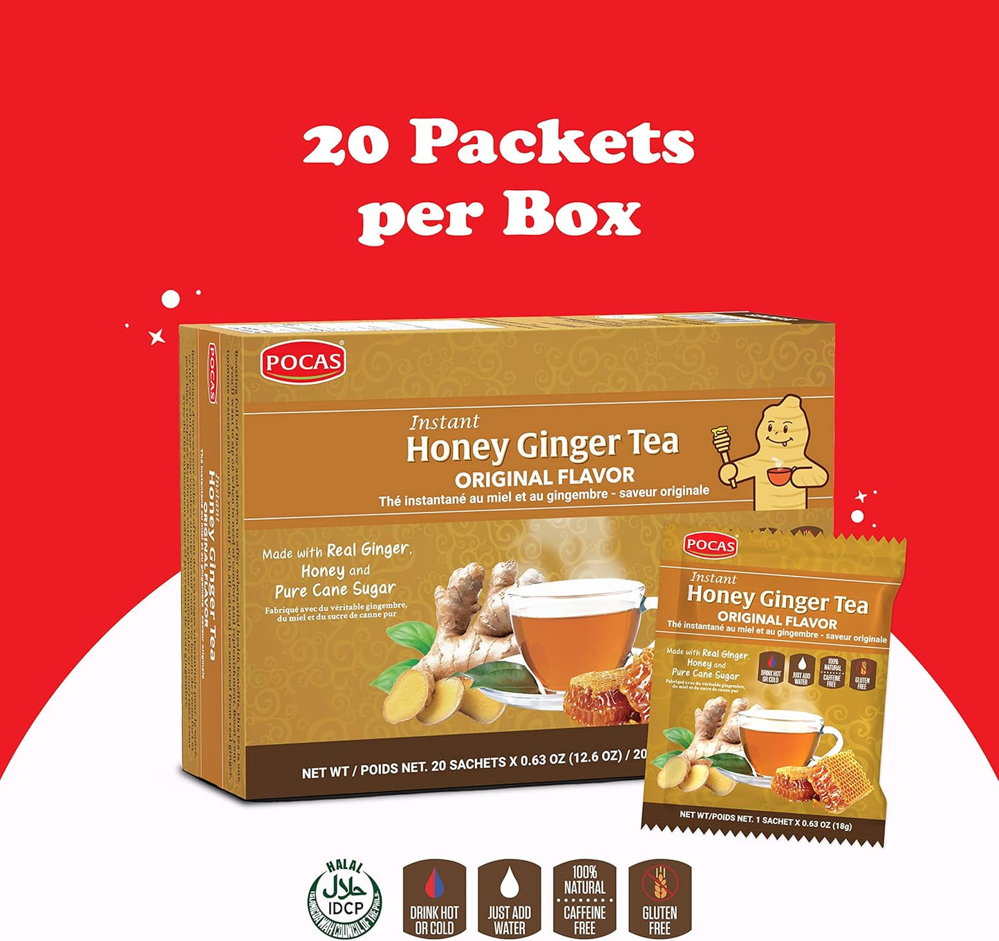Pocas Honey Ginger Tea, Original, Instant Powder (20 Pack)