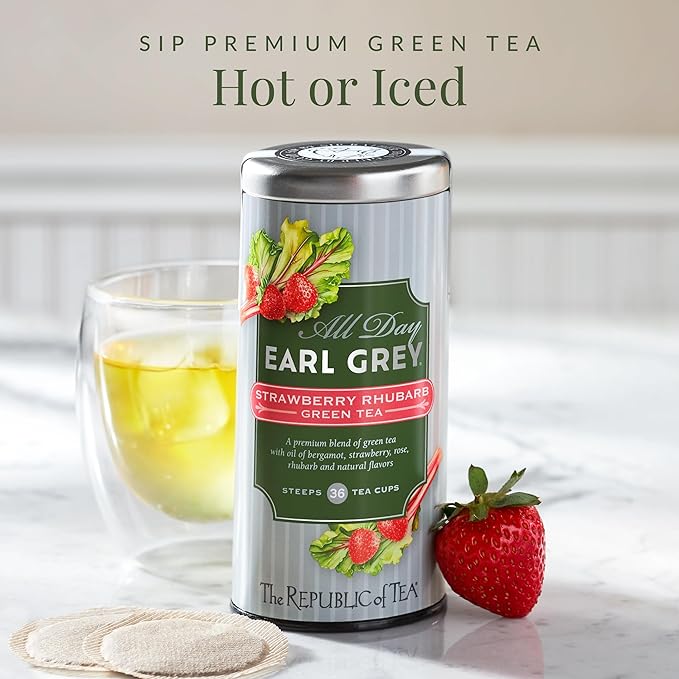 The Republic of Tea – All Day Earl Grey® Strawberry Rhubarb Green Tea, Naturally Caffeinated, 36 Tea Bags