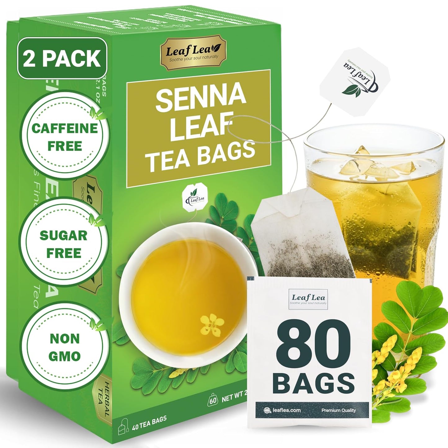 LeafLea Senna Tea Bags, Natural Laxative for Occasional Constipation, 80 Ct