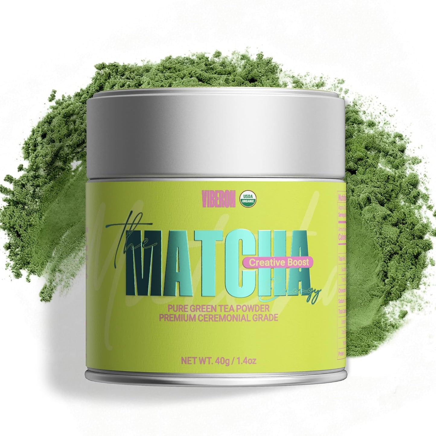 Viberon Organic Ceremonial Matcha Green Tea Powder - Premium Ceremonial Grade, USDA Certified, First Spring Harvest, 100% Pure - Sugar Free, Gluten Free (40g / 1.4oz Tin)