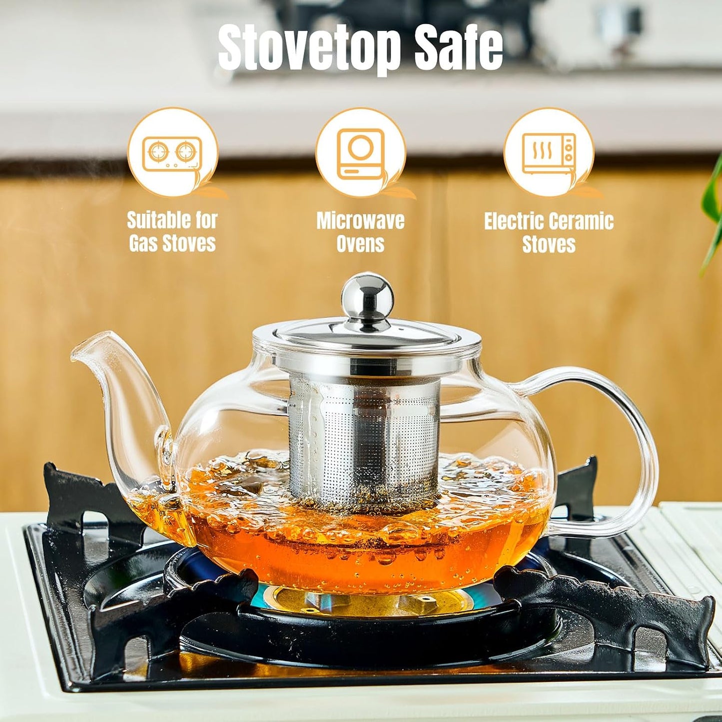 Baalaka Tea Pot with Infuser for Loose Tea, 20 oz Glass Stovetop Kettle | Clear borosilicate body with removable stainless steel strainer works as a tea maker and brewer for blooming or loose leaf