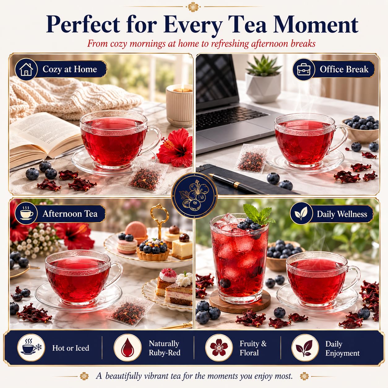 WOTIHA 60 Count Premium Blueberry Hibiscus Tea Bags - 100% Natural, Sweet &amp; Tangy Flavor, Rich in Antioxidants, Enjoy Hot or Iced, Caffeine-Free, Additive-Free, Sugar-Free, Vegan