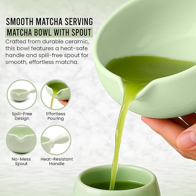 Happy Path & CO Matcha Whisk Set – 6 Pcs Matcha Tea Set Includes Bamboo Whisk(Chasen) & Holder,Bowl with Spout,Sifter,Scoop & Stand