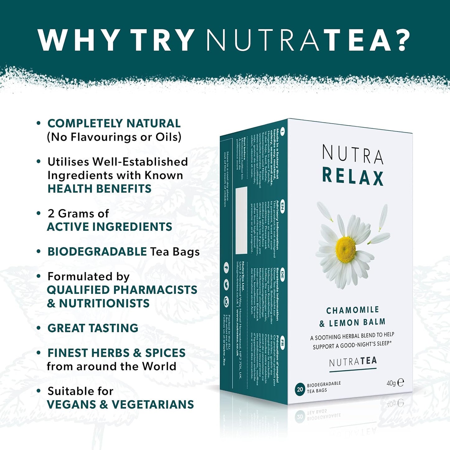 NUTRARELAX - Night Time Tea | Sleep Tea | Calm Tea - Includes Chamomile, Passionflower &amp; Lemon Balm - 60 Enveloped Tea Bags - by Nutra Tea - Herbal Tea - (3 Pack)