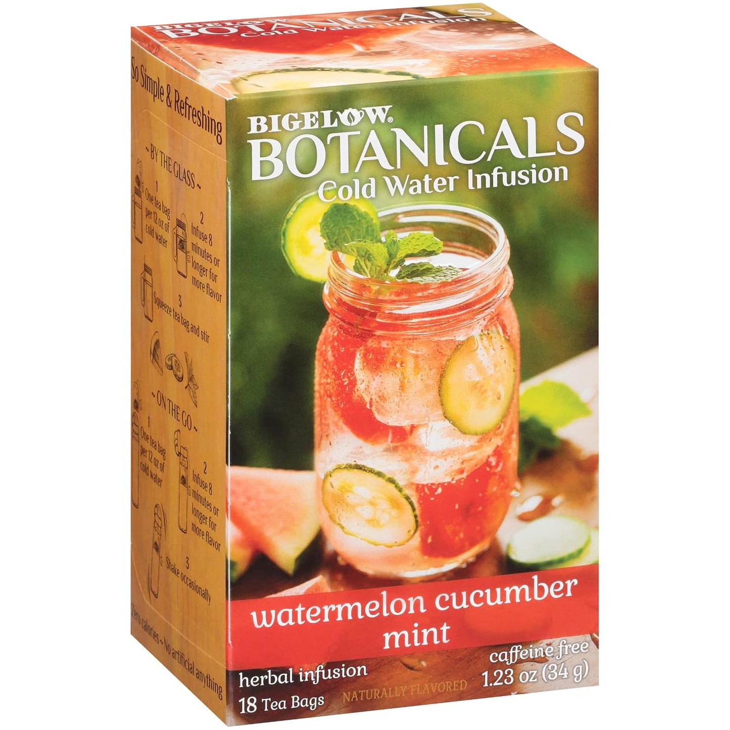 Bigelow Botanicals Watermelon Cucumber Mint Cold Water Infusion | Caffeine Free Herbal Tea with Watermelon, Cucumber and Mint Flavor, 18 Count (Pack of 6), 108 Total Tea Bags