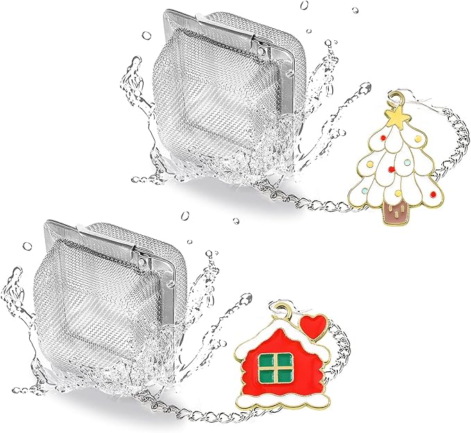 Christmas Themed Tea Infuser Set, 2 PCS Cubic Tea Strainers for Loose Leaf Tea, Reusable Stainless Steel Mesh Tea Ball