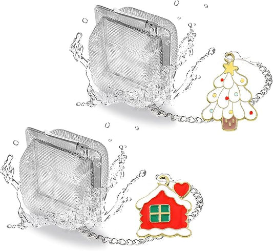 Christmas Themed Tea Infuser Set, 2 PCS Cubic Tea Strainers for Loose Leaf Tea, Reusable Stainless Steel Mesh Tea Ball
