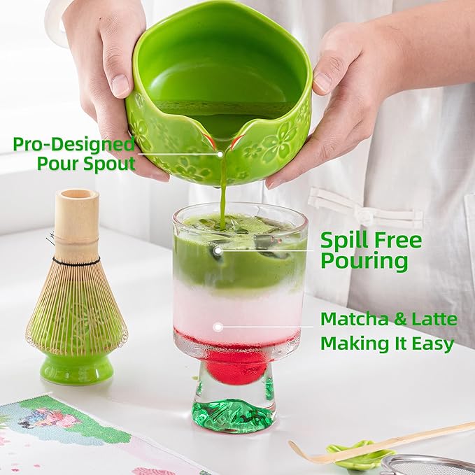 Teanagoo 7-PCS Green Matcha Whisk Set with Cherry Blossom Design, Complete Ceremony Kit, Ceramic Chawan Bowl with Spout, Whisk & Accessories