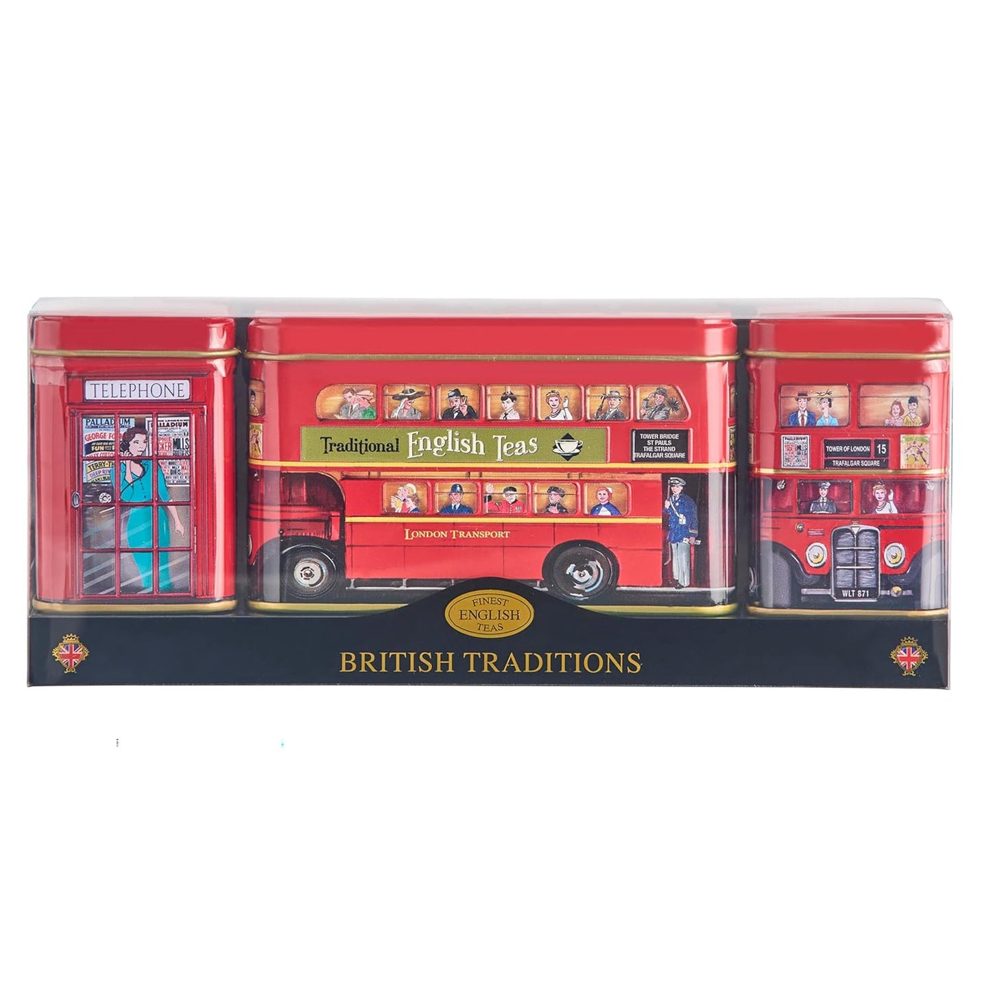 New English Teas British Traditions 3x Tea Tins with Fine English Breakfast Loose Leaf Tea and 10x Teabags, British Souvenir, Big Ben, UK Foods