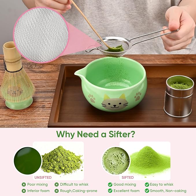 Matcha Whisk Set, 5Pcs Ceramic Matcha Set Includes Matcha Bowl, Matcha Whisk and Holder, Bamboo Scoop and Sifter
