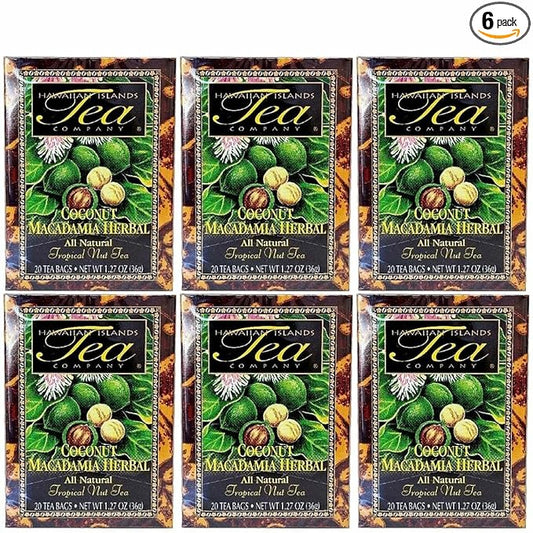 HAWAIIAN ISLANDS TEA COMPANY Coconut Macadamia Herbal Tea, All Natural - 120 Teabags (6 Boxes)