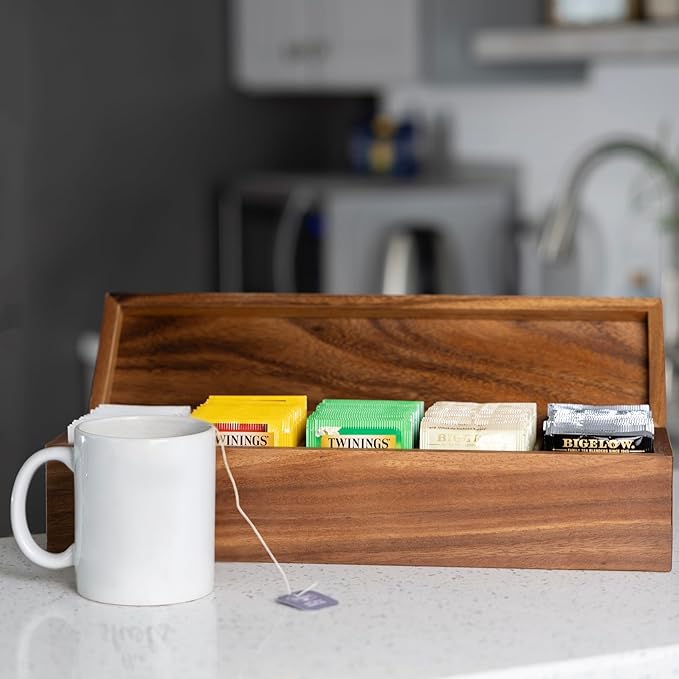 Ironwood Gourmet Large 5 Compartment Tea Box, Acacia Wood Tea Bag Organizer With Lid
