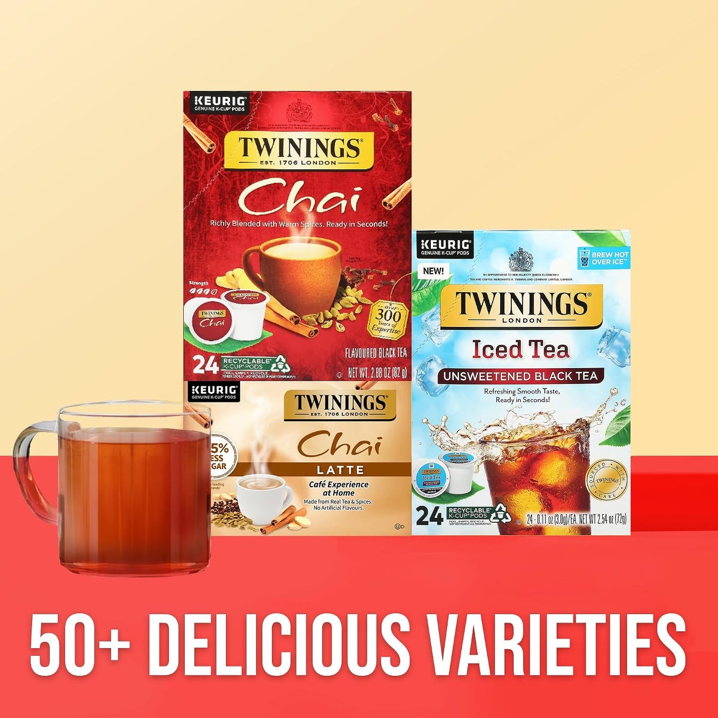 Twinings Chai Black Spiced Tea K-Cup Pods for Keurig, 24 CT Box (1 Pack) | Sweet, Savoury Cinnamon, Ginger, Cardamom, Clove, Naturally Caffeinated, 24 Pods for Single Serve-Brewers, Enjoy Hot or Iced
