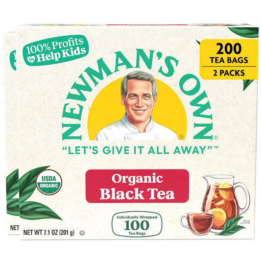 Newman's Own Organic Black Tea Strong Robust Black Tea with 100 Tea Bags Per Box (Pack of 2) USDA Certified Contains Caffeine Brew Hot/Cold