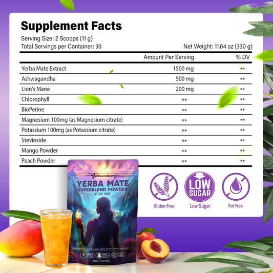 BloomBoost Yerba Mate Tea Powder w/Lion's Mane, Peach Mango, 30 Servings