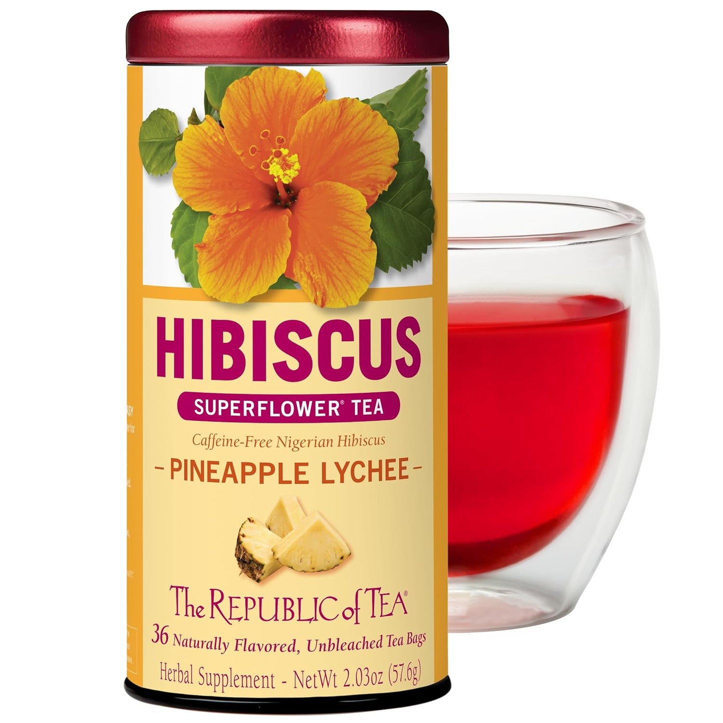 The Republic of Tea Pineapple Lychee Hibiscus Herbal Tea, 36 Count | Caffeine Free. Suitable for day or evening sipping. Bright and tart with notes of juicy fruit. Gluten Free and Carb Free.