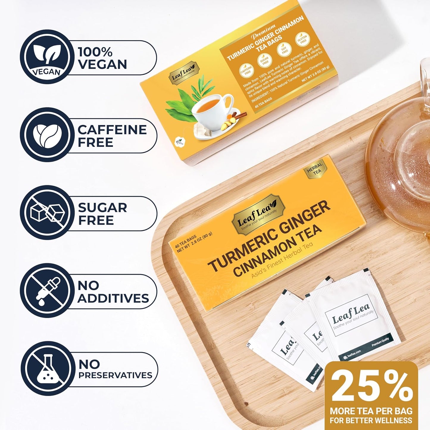 LeafLea Ginger Turmeric Tea, 120 Ct Caffeine-Free Herbal Tea Bags, 3 Boxes | Individually Foil-Wrapped Sachets, 120-Bag Bulk Value, Turmeric Ginger Cinnamon Blend, Supports Digestion, No Sugar, Vegan