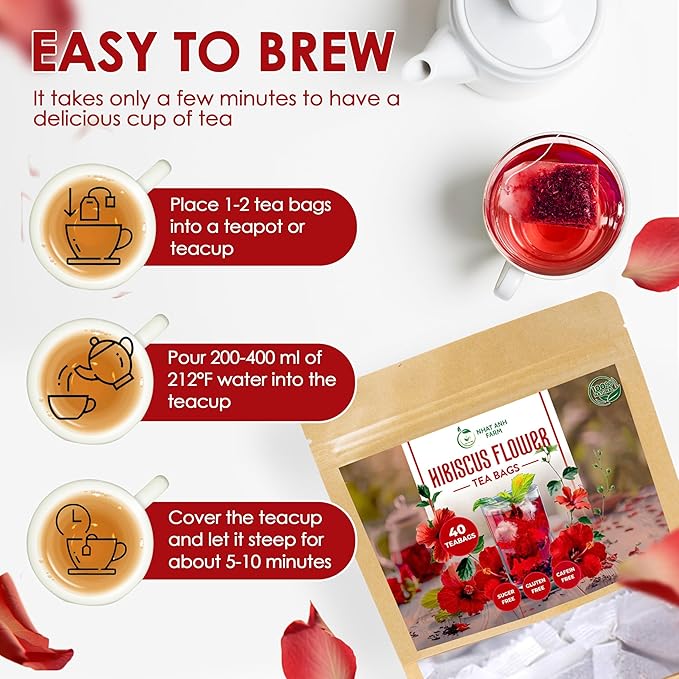 Premium Hibiscus Tea Bags - Dried Hibiscus Flower Tea Bags - 40 Teabags, 2.5g/bag), 100% Natural & Pure Hibiscus Flowers, Sugar/Caffeine/Gluten Free
