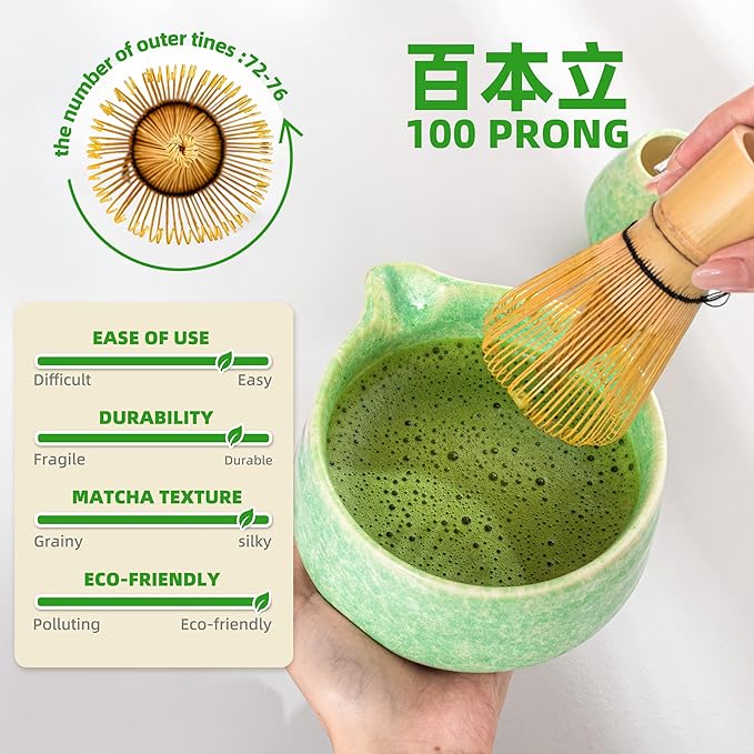 Teanagoo Matcha Whisk Set,7 Pcs Matcha Set Green,Ceremony Matcha Kit,Matcha Tea Set for Making Latte,Ceramic Bowl(chawan) whith Spout and Whisk