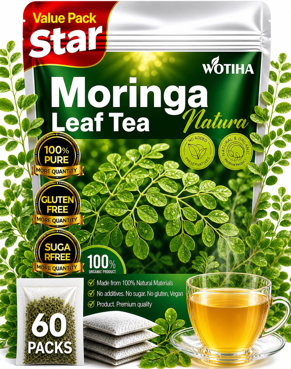 WOTIHA Moringa Tea Herbal Bags, 60 Count,100% Pure &amp; Natural Moringa Leaves, Cultivated From India-Supports Daily Wellness &amp; Digestion, Non-GMO Caffeine-Free