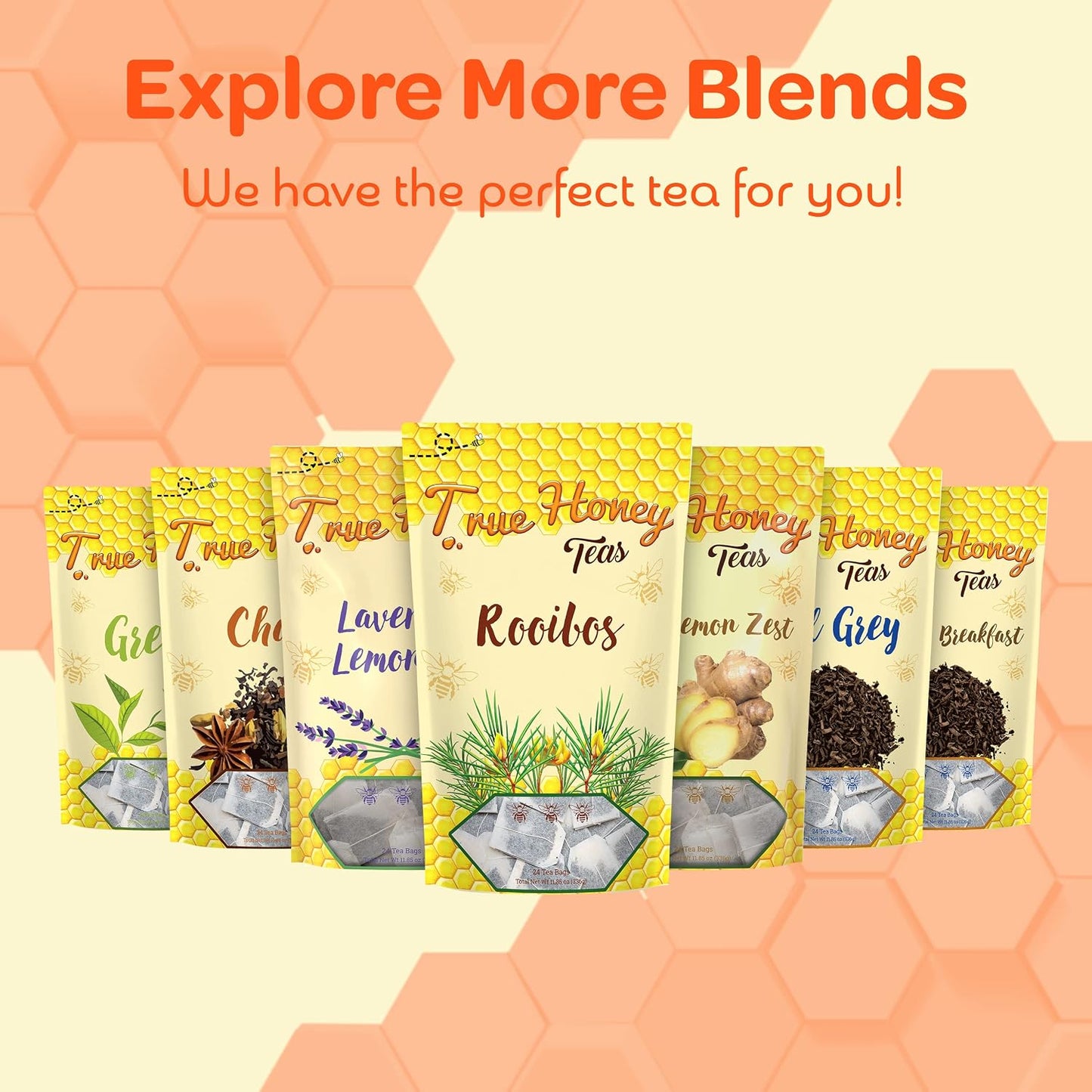 True Honey Rooibos Tea Bags - Honey Crystals Blended in Every Sachet - Decaf Red Rooibos Tea - All Natural Organic Herbal Caffeine Free Tea Bag 24 Count