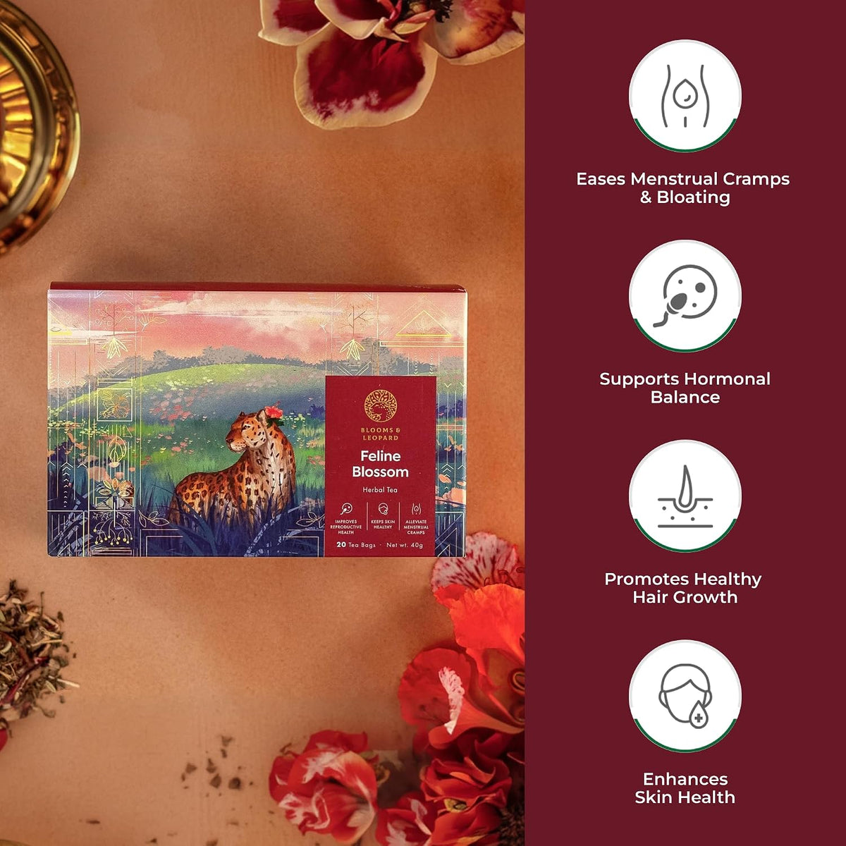 Blooms &amp; Leopard Premium Herbal Tea Bags – Feline Blossom Blend with Hibiscus, Licorice, Fennel, Tulsi &amp; Shatavari – Caffeine-Free Tea – 20 Pyramid Tea Bags, Caffeine-Free for Hot or Iced Tea