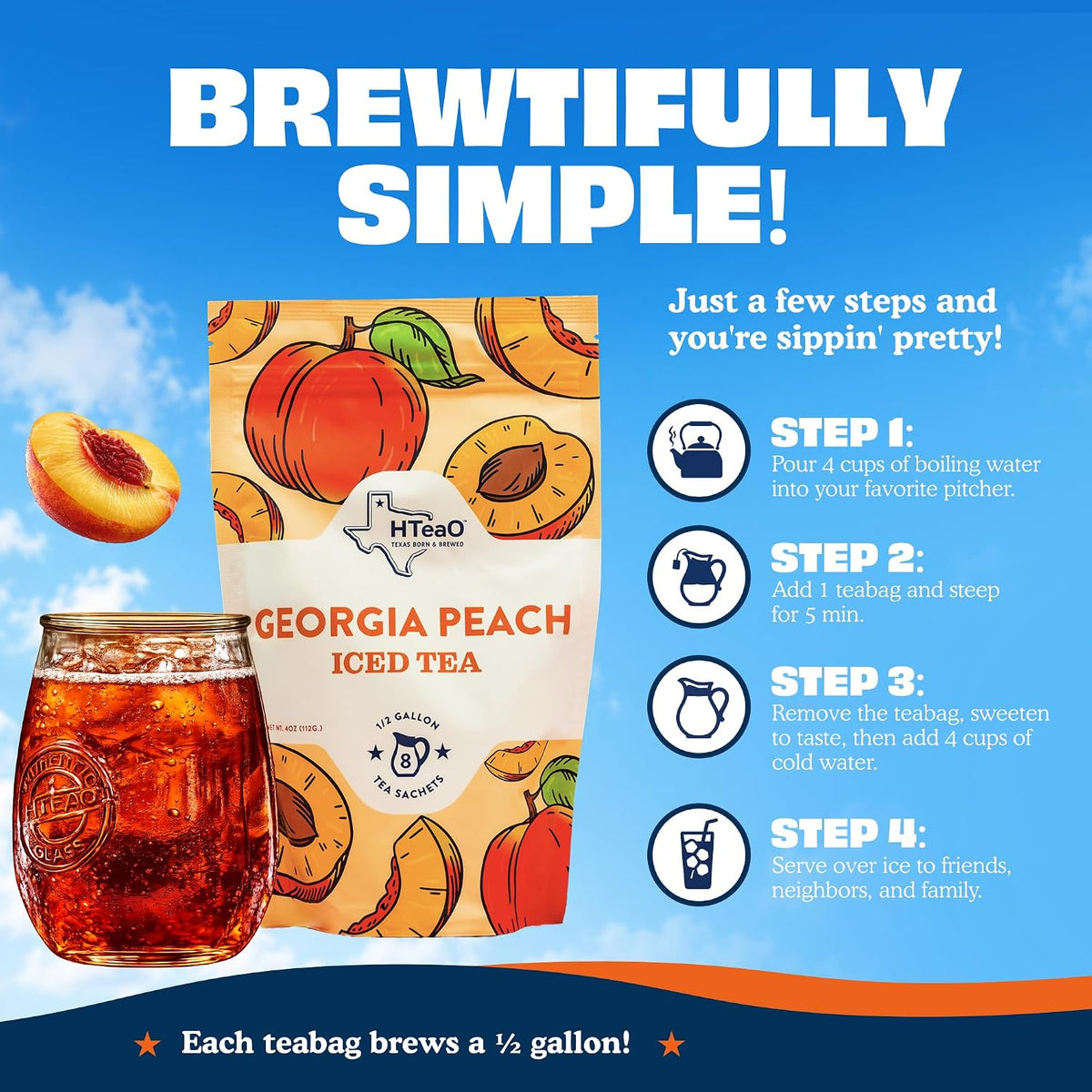 HTeaO Peach &amp; Hibiscus Iced Tea Bags - Makes 4 Gallons - Texas Style