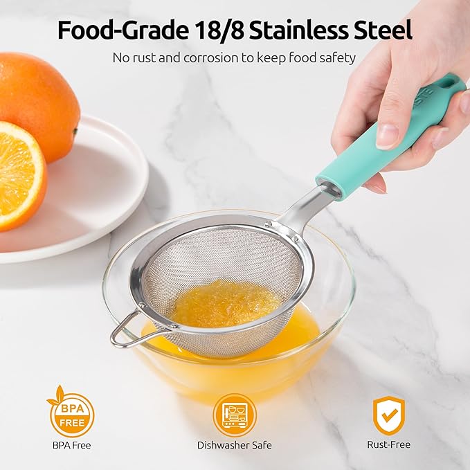 U-Taste Small Fine Mesh Strainer: 18/8 Stainless Steel 3.35in 30 Mesh Kitchen Food Sieve with Sturdy Riveted Silicone Handle