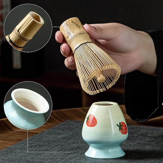 Matcha Whisk Set, Cute Strawberry Matcha Bowl Set with 2 Cups, Bamboo Whisk, Scoop & Holder, Matcha Kit Gift for Tea Lovers and Tea Ceremony