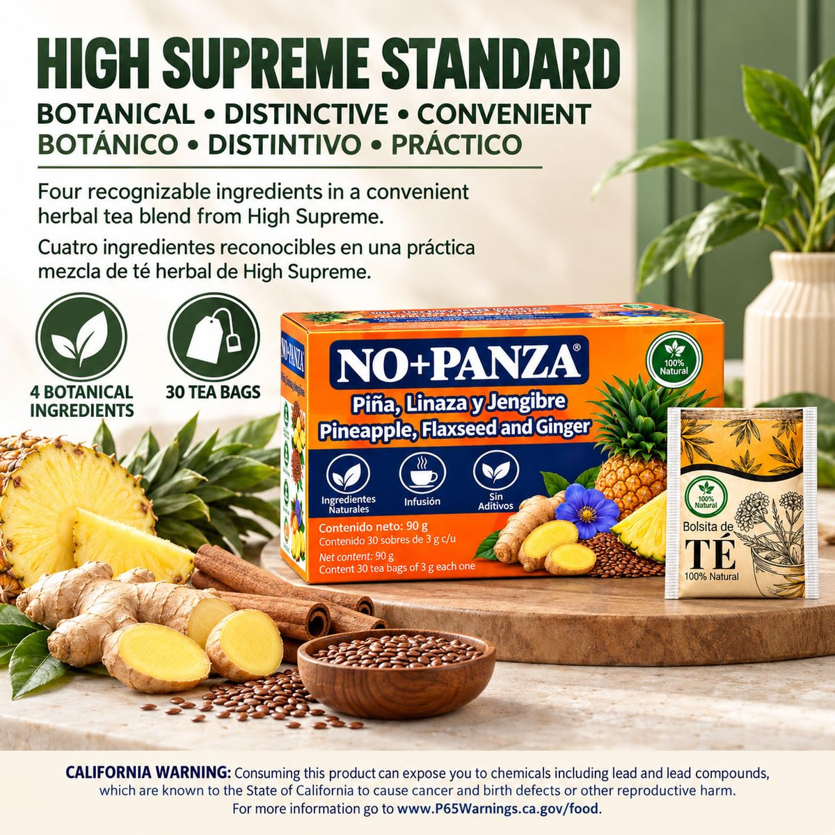 Herbal Tea by High Supreme – 30 Tea Bags,Ginger, Pineapple, Cinnamon & Flaxseed – 100% Natural,Vegan, Caffeine-Free
