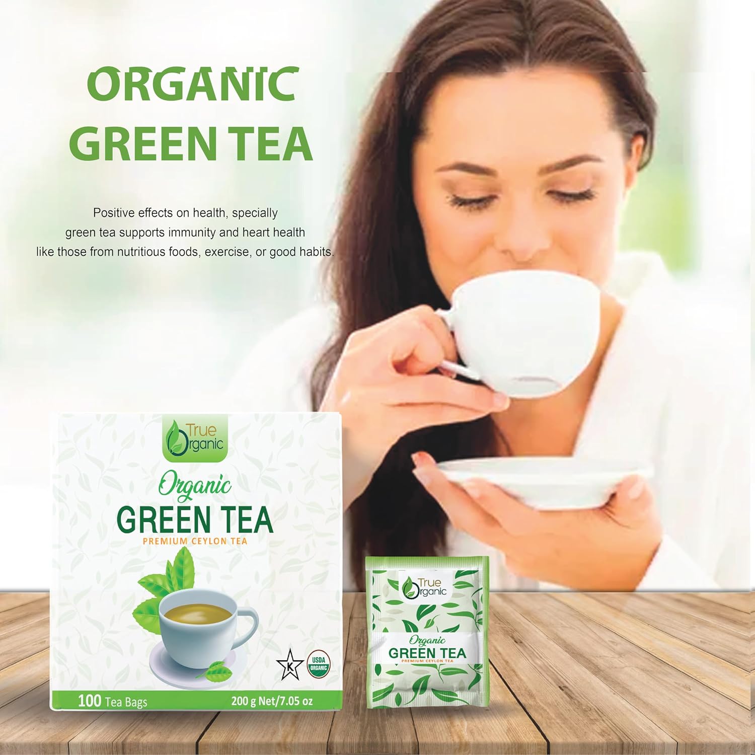 True Organic Premium Ceylon Green Tea |100 Count Tea Bags | USDA Organic & Kosher Certified |100 Envelop Organic Green Tea for Your Home & Cafe.
