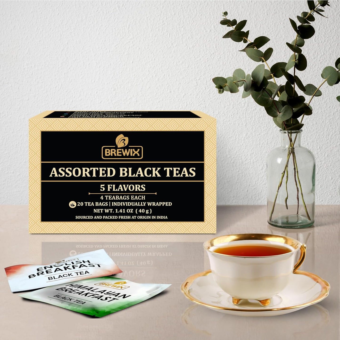BREWIX Premium Assorted Black Tea Sampler Gift Box with 5 Flavors (20 Pyramid Indivdidually Wrapperd Tea Bags) | Tea Gift Set & Variety Pack | Gifts for Women & Men, Tea Set