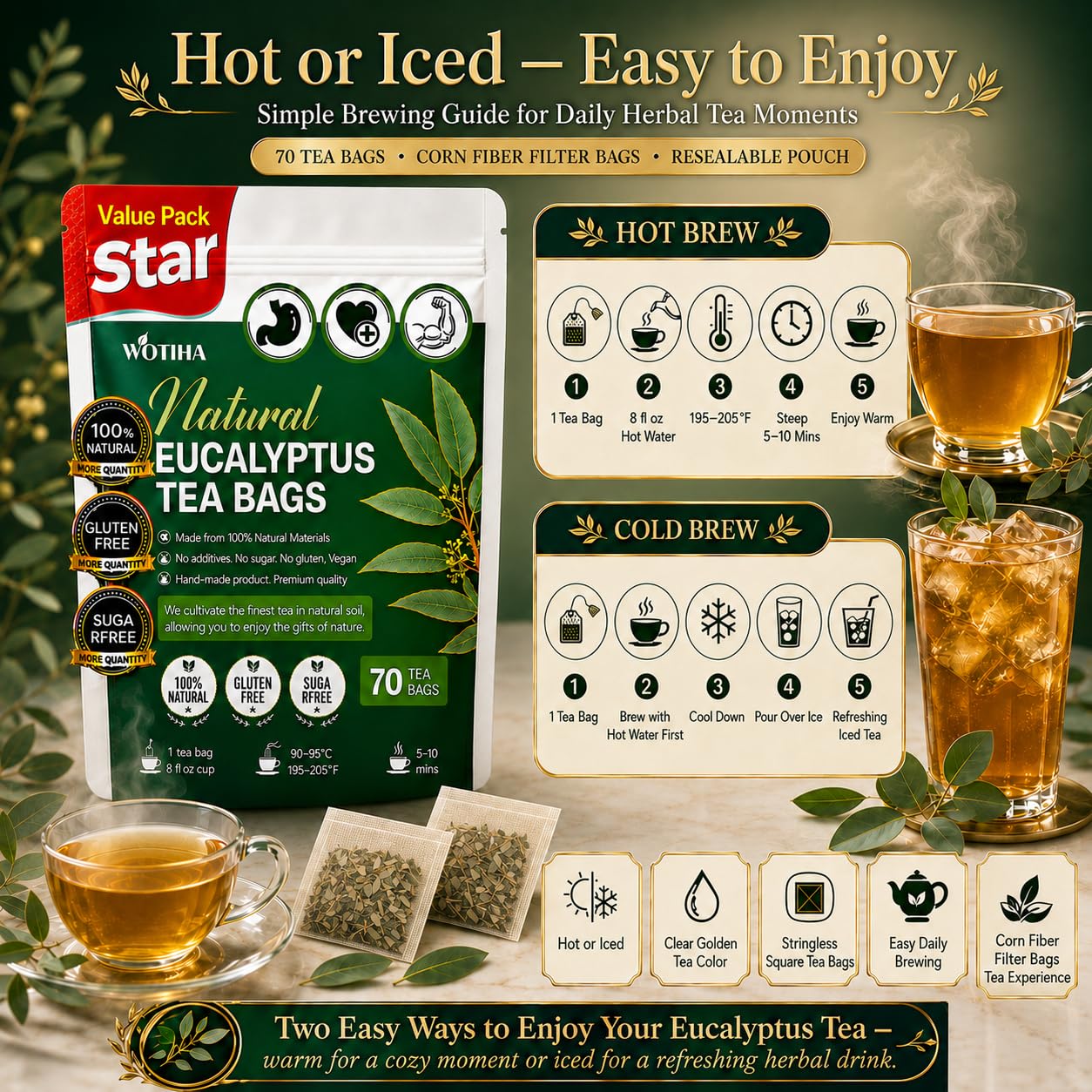 WOTIHA 70 Count Premium Eucalyptus Tea Bags - 100% Natural Eucalyptus Leaves, Boosts Respiratory Health,Non-GMO Caffeine-Free, Additive-Free, Sugar-Free, Vegan